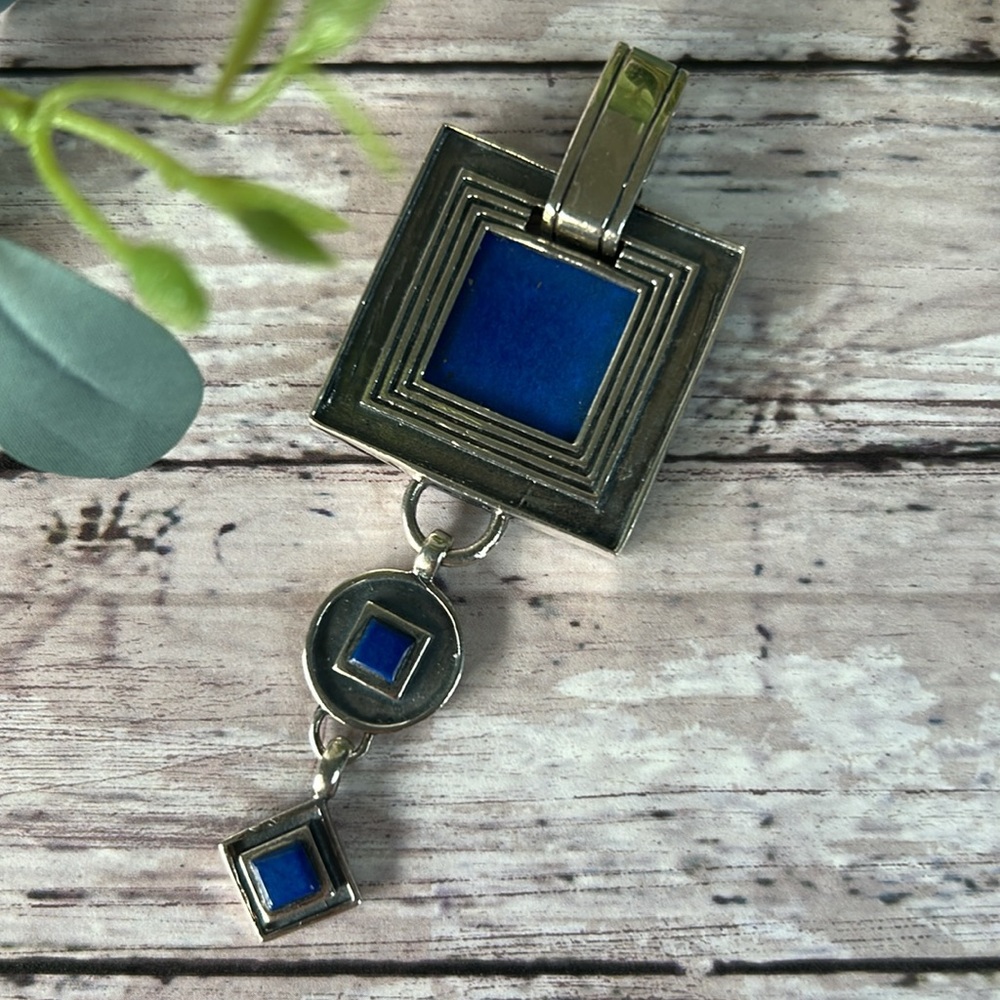 Vintage MCM Style Geometric Silver Pendant with Lapis Lazuli